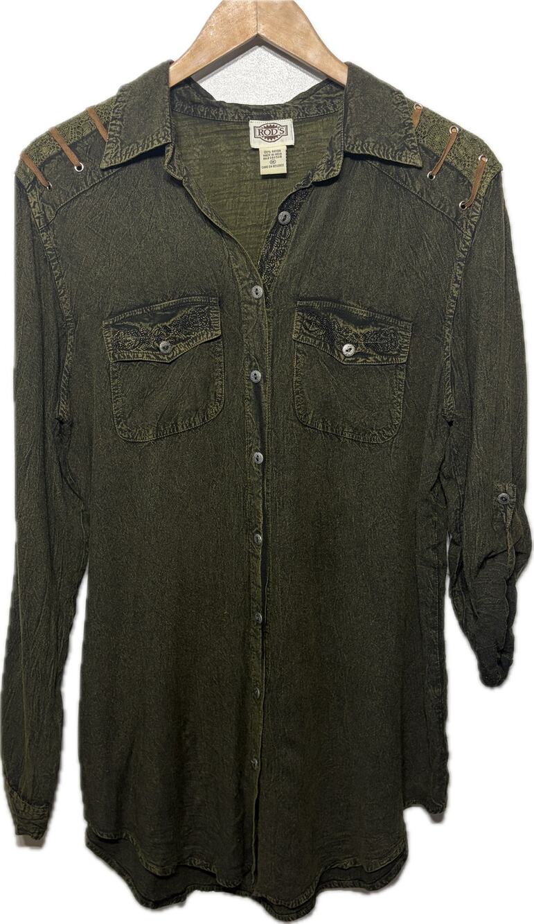 ROD'S Shirt Womens Western Riding Dark Olive Green Lattice Lace Button Up M